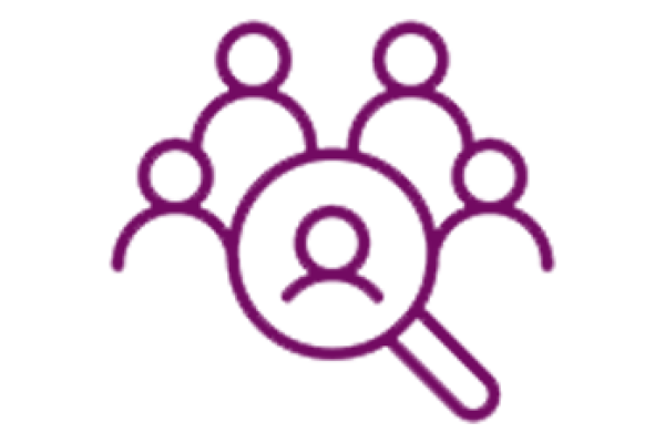 icon of group of 5 people with magnifying glass over the one in the center
